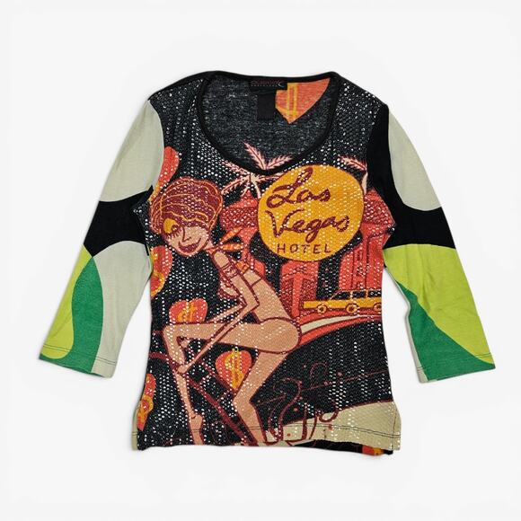 Custo Barcelona Tops - Y2k Custo Barcelona Sequin Top Las Vegas Graphic - Small